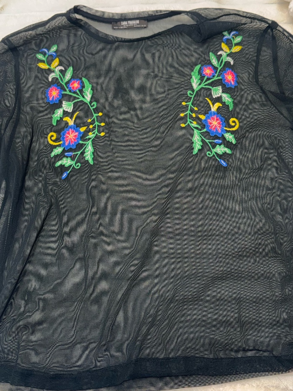 Zara Black Sheer Mesh Top with Embroidered Detail